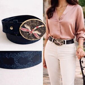Mary Sullivan Belleair, Dragonfly Jeweled Buckle Embossed Statement Belt,Size L